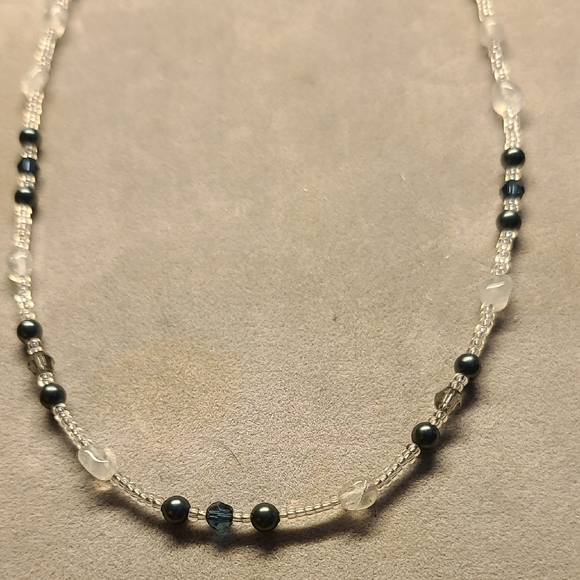 Jewelry - Elegant Beaded Necklace - Grayish/blue, and Clear